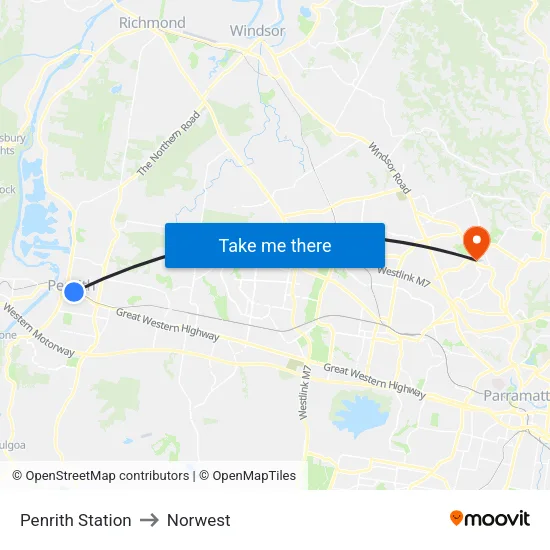 Penrith Station to Norwest map