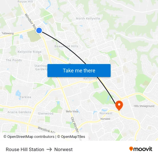 Rouse Hill Station to Norwest map