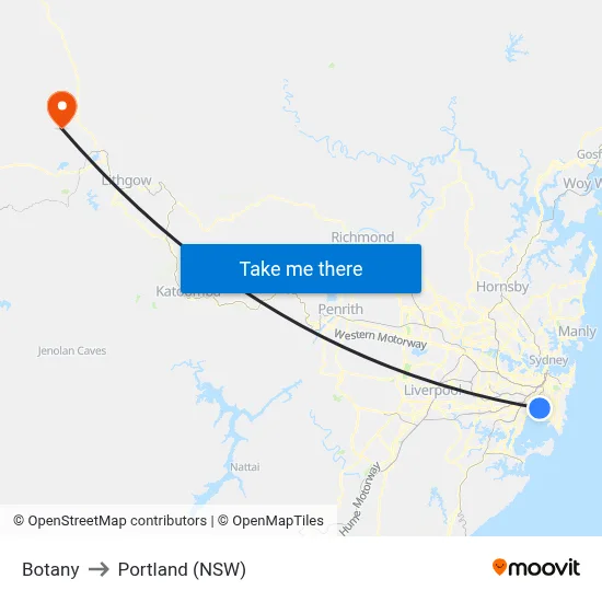 Botany to Portland (NSW) map