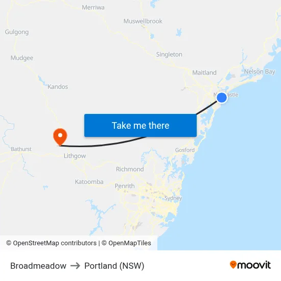Broadmeadow to Portland (NSW) map