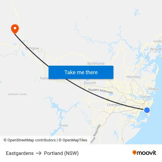 Eastgardens to Portland (NSW) map