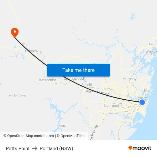 Potts Point to Portland (NSW) map