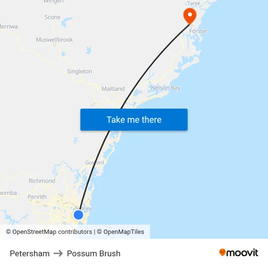 Petersham to Possum Brush map