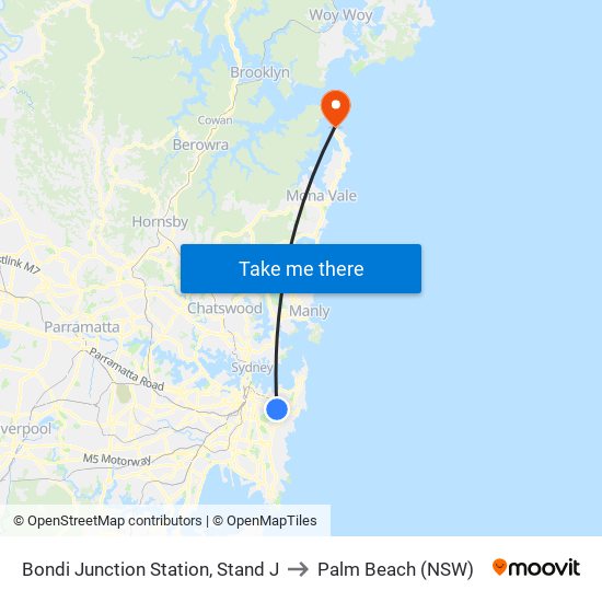 Bondi Junction Station, Stand J to Palm Beach (NSW) map