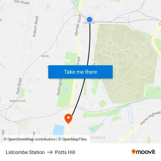 Lidcombe Station to Potts Hill map