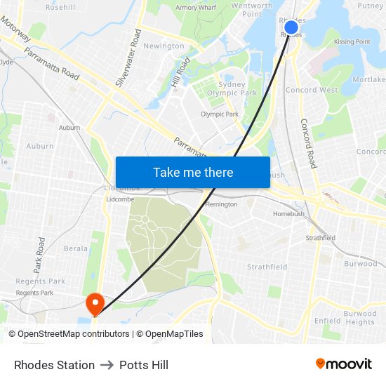 Rhodes Station to Potts Hill map