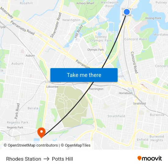 Rhodes Station to Potts Hill map