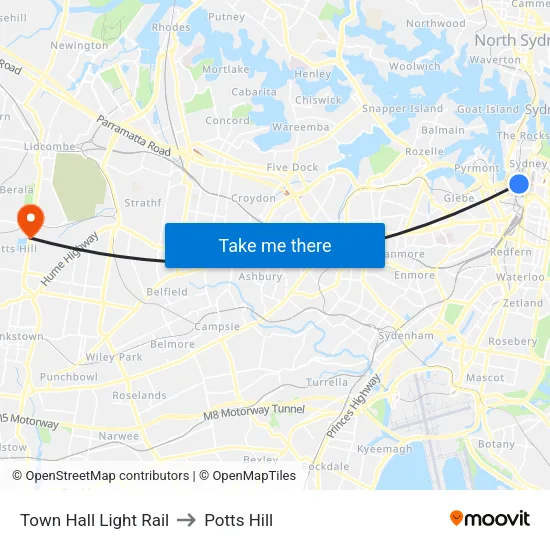 Town Hall Light Rail to Potts Hill map