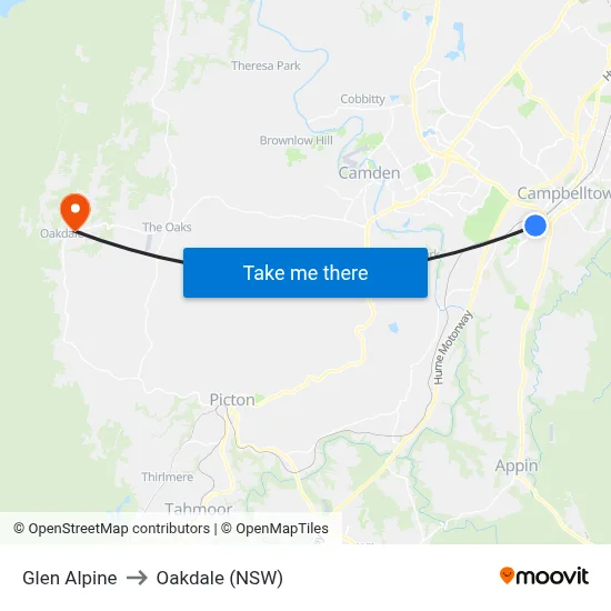 Glen Alpine to Oakdale (NSW) map