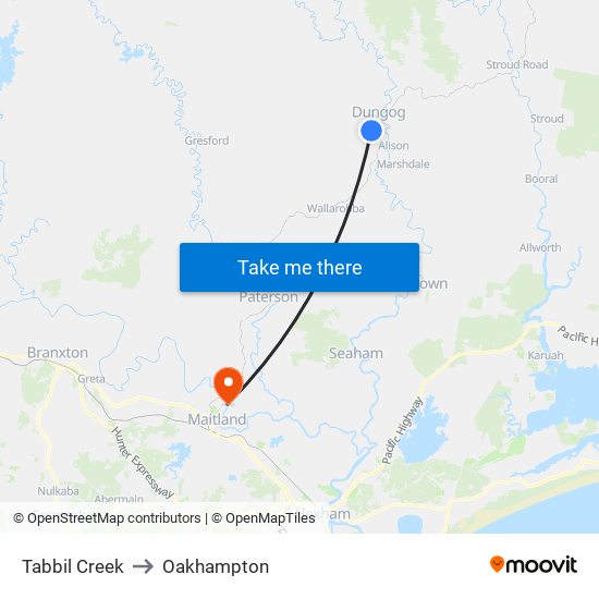 Tabbil Creek to Oakhampton map