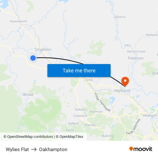Wylies Flat to Oakhampton map