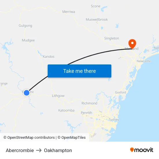 Abercrombie to Oakhampton map