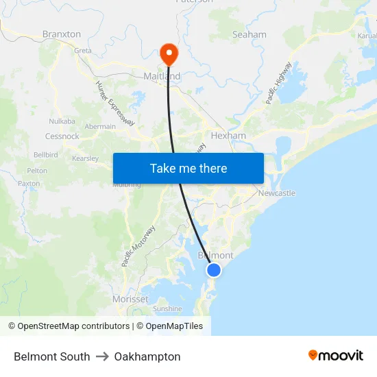 Belmont South to Oakhampton map