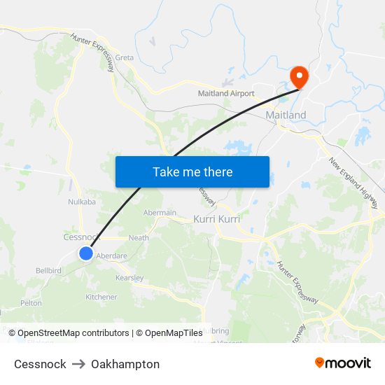 Cessnock to Oakhampton map