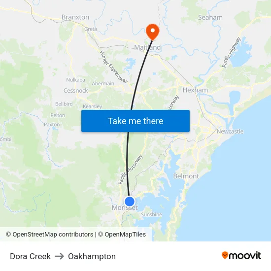 Dora Creek to Oakhampton map