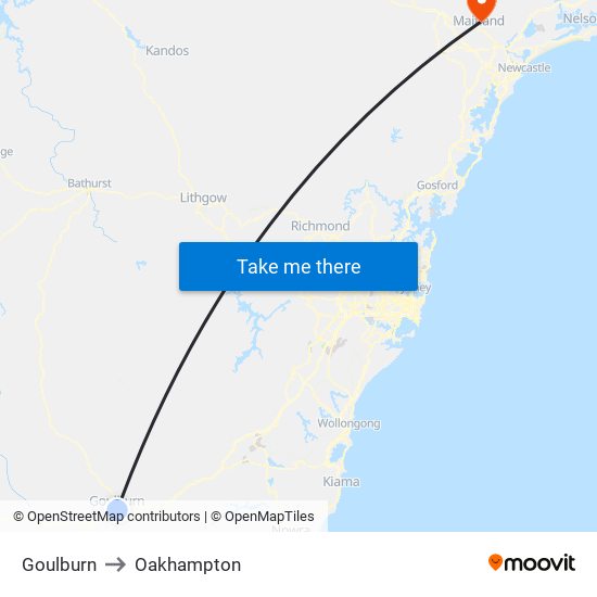 Goulburn to Oakhampton map