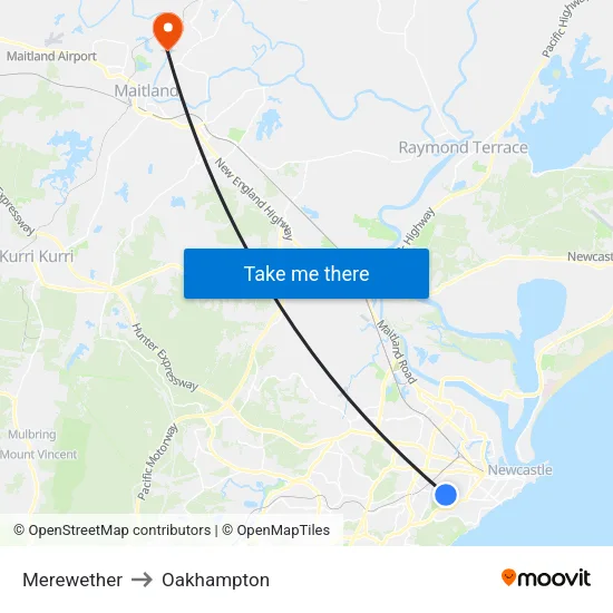 Merewether to Oakhampton map