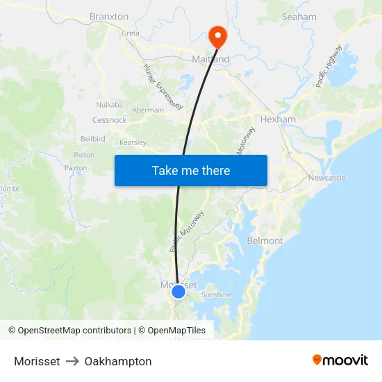 Morisset to Oakhampton map