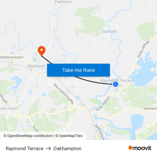 Raymond Terrace to Oakhampton map