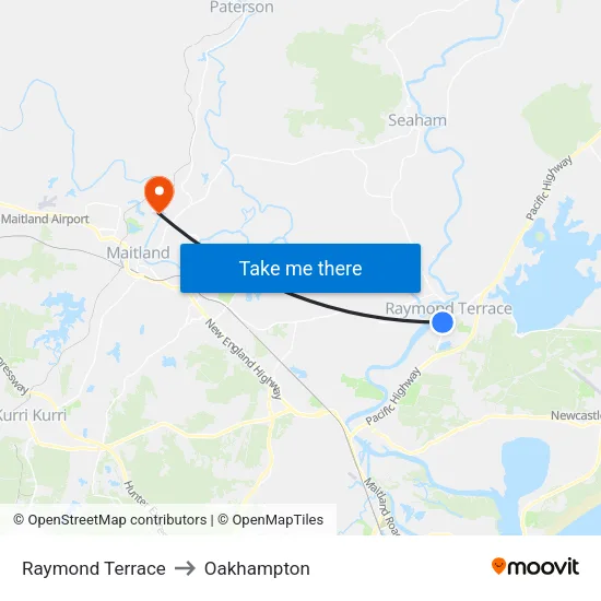 Raymond Terrace to Oakhampton map