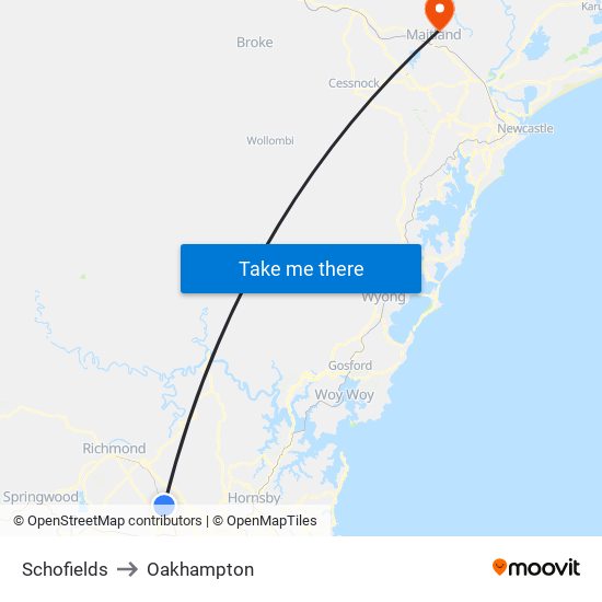 Schofields to Oakhampton map