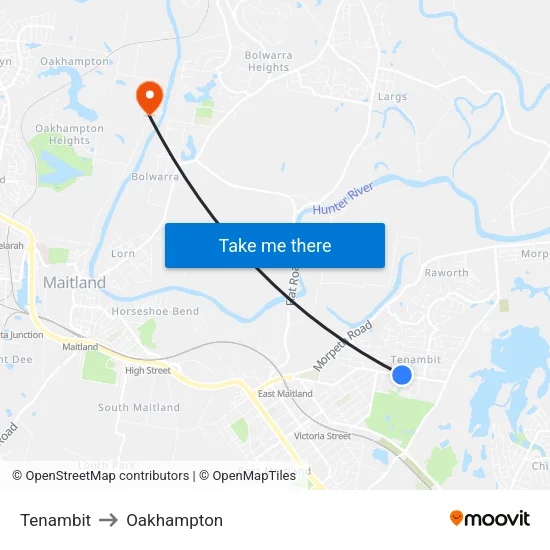 Tenambit to Oakhampton map