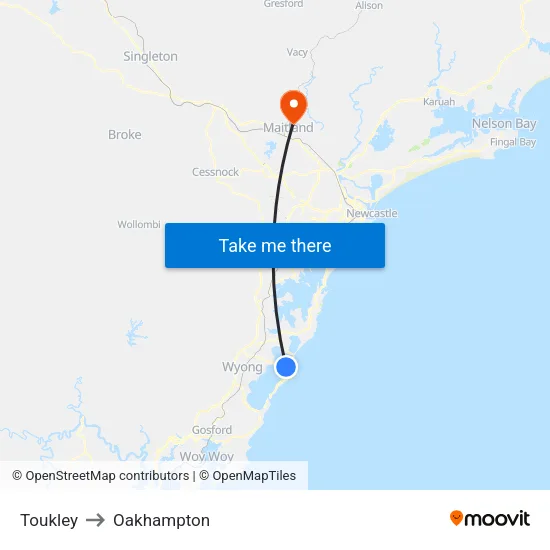 Toukley to Oakhampton map