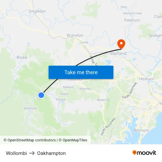 Wollombi to Oakhampton map