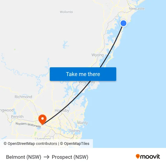 Belmont (NSW) to Prospect (NSW) map