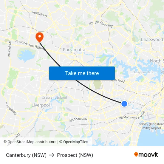 Canterbury (NSW) to Prospect (NSW) map