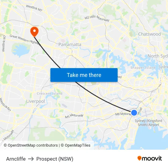 Arncliffe to Prospect (NSW) map