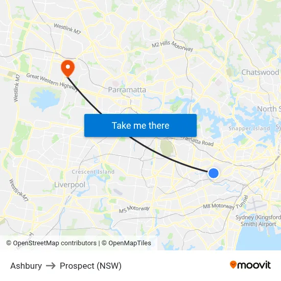 Ashbury to Prospect (NSW) map