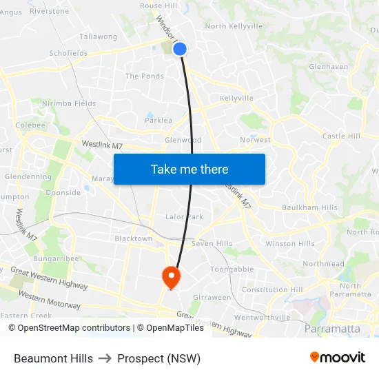 Beaumont Hills to Prospect (NSW) map