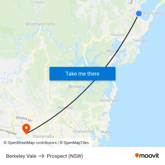 Berkeley Vale to Prospect (NSW) map
