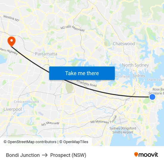Bondi Junction to Prospect (NSW) map