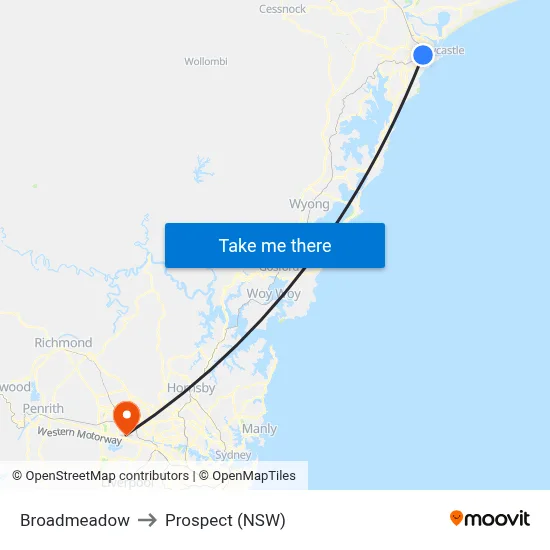 Broadmeadow to Prospect (NSW) map