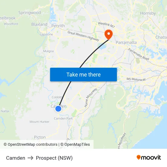 Camden to Prospect (NSW) map