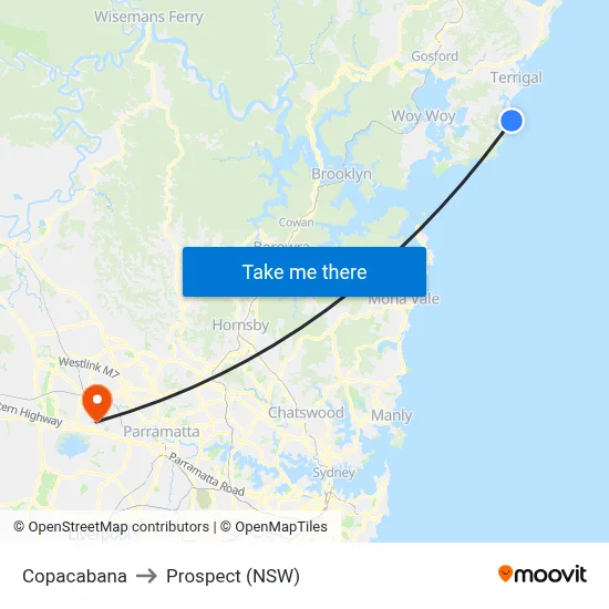 Copacabana to Prospect (NSW) map