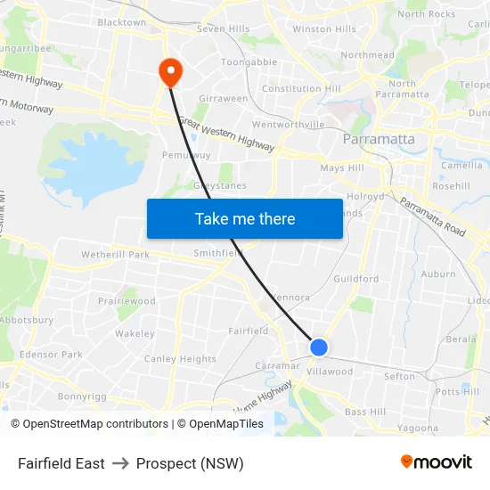 Fairfield East to Prospect (NSW) map