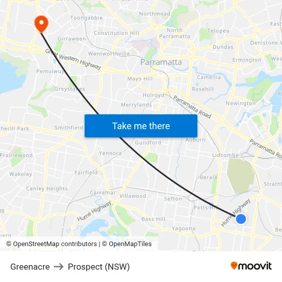 Greenacre to Prospect (NSW) map