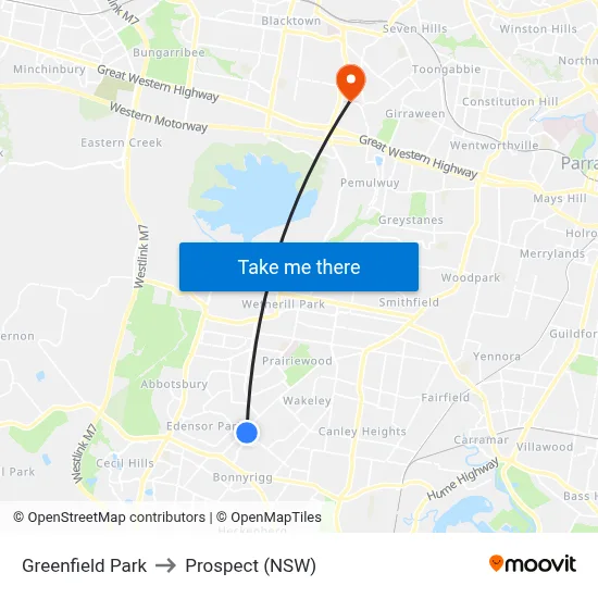 Greenfield Park to Prospect (NSW) map