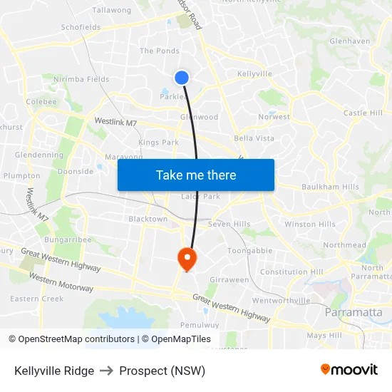 Kellyville Ridge to Prospect (NSW) map