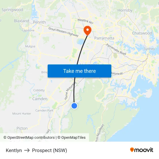 Kentlyn to Prospect (NSW) map