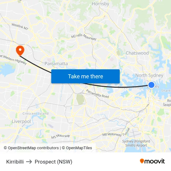 Kirribilli to Prospect (NSW) map