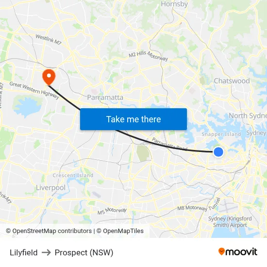 Lilyfield to Prospect (NSW) map