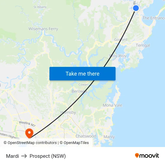 Mardi to Prospect (NSW) map