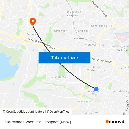 Merrylands West to Prospect (NSW) map