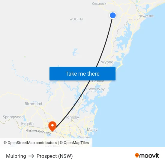Mulbring to Prospect (NSW) map