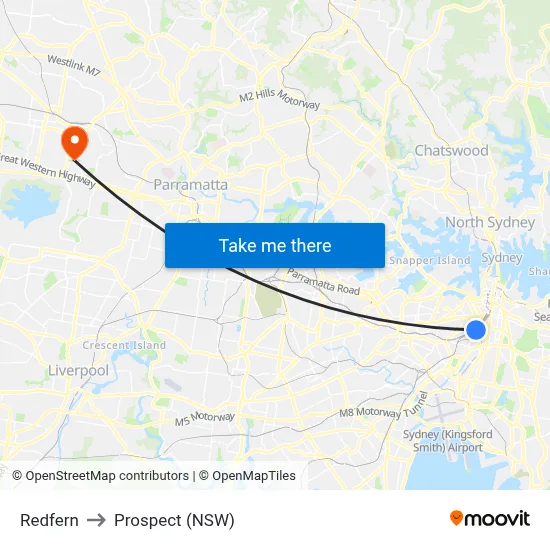 Redfern to Prospect (NSW) map