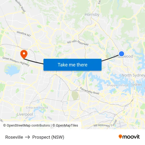 Roseville to Prospect (NSW) map